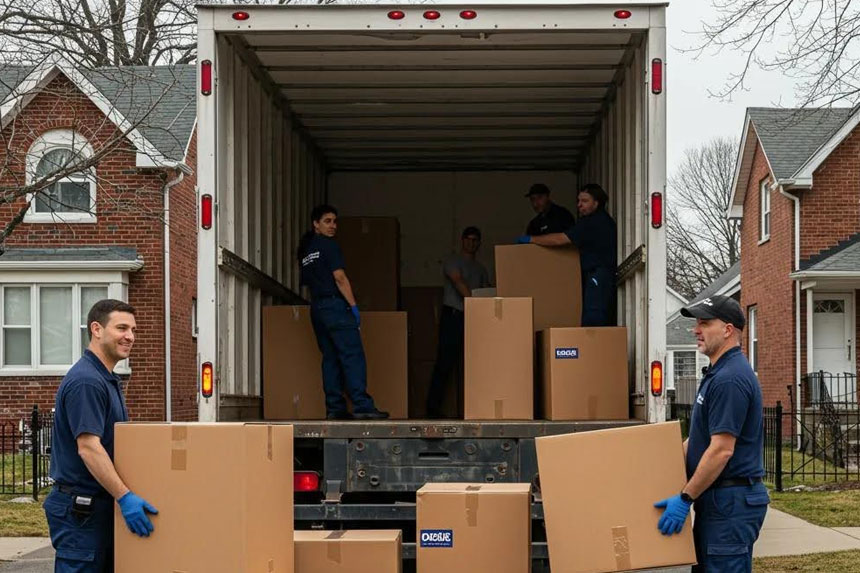 Professional house moving companies in Edmonton loading furniture into truck with residential home in background