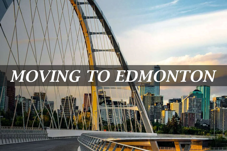 Moving to Edmonton skyline view with North Saskatchewan River Valley and downtown buildings