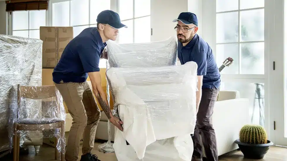 Two professional Edmonton furniture movers in navy uniforms wrapping and lifting a sofa with plastic sheeting inside a home being packed for moving day
